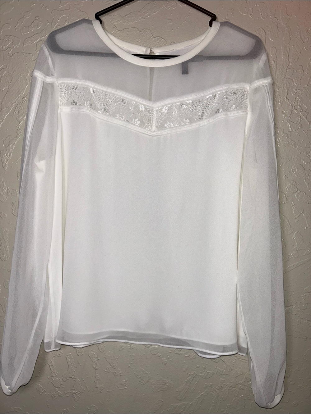 White House Black Market White Sheer Crewneck Blouse - L